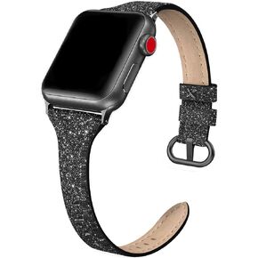 Genuine Leather Band Compatible for Apple Watch 41mm 38mm 40mm, Shiny Glitter Matte Slim Thin Leather Strap Compatible with iWatch Series 9 8 7 6 5 4 3 2 1 SE Sport Edition Women