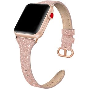Genuine Leather Band Compatible for Apple Watch 41mm 38mm 40mm, Shiny Glitter Matte Slim Thin Leather Strap Compatible with iWatch Series 9 8 7 6 5 4 3 2 1 SE Sport Edition Women in Kuwait