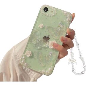 Fycyko Compatible with iPhone 7/8/SE 3D Butterfly Floral Clear with Design Aesthetic Women Teen Girls Glitter Pretty Crystal Sparkle Sparkly Cute Girly Phone Cases Protective Cover+Chain-Clear