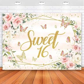 Avezano Sweet 16 Backdrop Blush Pink Flower Butterfly 16th Birthday Party Background for Girls Sweet 16 Birthday Banner Cake Table Cake Dessert Table Decorations (Pink, 7x5 ft)