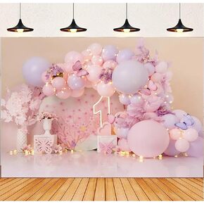 Photography Background Pink Flower Balloon Butterfly Cake Crush Girl 1st Birthday Party Decoration Backdrop Photo Studio 5x3 feet