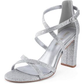 Shoe'N Tale بكعب مكتنز للنساء صنادل بكعب عالٍ مفتوحة من الأمام وحزام الكاحل بإبزيم لحفلات الزفاف والحفلات الراقصة