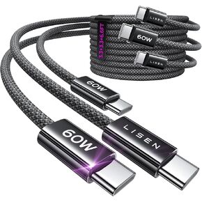 LISEN USBC to USBC Cable 3-Pack, 48 Strand Braided Type C to Type C [60W 3.1A] Fast Charging Cable, IF Certified USB C to USB C Cable for Samsung Galaxy S24, iPhone 15 Pro, iPad Pro, 3.3+3.3+6.6FT