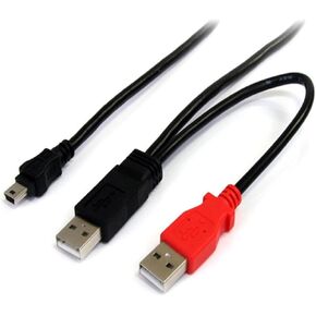 StarTech.com كابل USB Y بطول 1 قدم للقرص الصلب الخارجي - USB A إلى mini B - كابل USB - USB (M) إلى mini-USB من النوع B (M) - USB 2.0 - 1 قدم - أسود - USB2HABMY1، 1 قدم / 30 سم