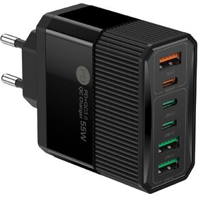 European USB Type C Wall Charger Europe Travel Plug Adapter EU Multiple Multi 6 Ports Block Rapid Charge PD QC for Apple iPhone iPad Samsung Galaxy Pixel 55W 3 USB-C 3 USB-A Fast Power Adaptor Euro