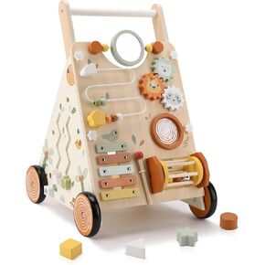 Wooden Baby Walker, Baby Push Walker with Activity Center for Girls Boys, Push Walker Toys for Babies Learning to Walk, Sit-to-Stand, for 10-12 Months 1 2 3 Years Old