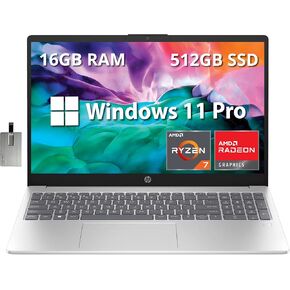 HP 15.6" Full HD Business Laptop, AMD Ryzen 5 7520U Processor, 16GB RAM, 512GB SSD, AMD Radeon Graphics, Bluetooth, Wi-Fi, Win11 Pro, Silver, 32GB Hotface USB Card