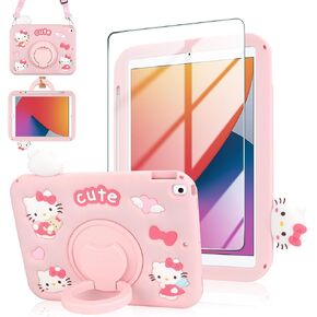 Coolden for iPad 9th 8th 7th Generation Case for Kid Girls iPad 10.2 Case with Screen Protector Kickstand Shoulder Strap Cute Cat Case Cartoon Silicone Protective Case for iPad 9th/8th/7th Gen-Pink in Kuwait