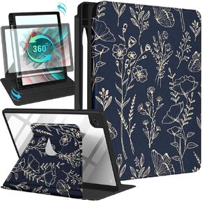 for Samsung Galaxy Tab A8 Case 10.5 Inch Folio Cover with Pencil Holder Women Girls Cute Girly Teens Kawaii Black Flower Unique Design Rotating for Samsung A8 Tab Cases SM-X200/X205/X207