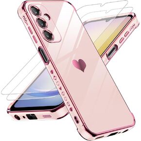 LeYi for Samsung Galaxy A25 5G Phone Case: with Tempered Glass Screen Protector [2 Pcs]+ Full Camera Lens Protection, Love Heart Plating Women Luxury Soft TPU Shockproof Case for Samsung A25 5G, Black