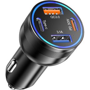 USB-C Car Charger, 65W 4 Port Super Fast Car Charger Adapter PD 30W & QC 3.0 Car Phone Charger Fast Charging Cigarette Lighter Adapter for iPhone 15 14 13 12 Pro Max,Samsung Galaxy,iPad,Pixel, AirPods