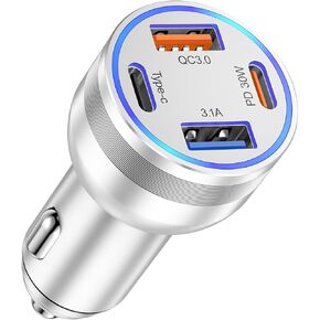 USB-C Car Charger, 65W 4 Port Super Fast Car Charger Adapter PD 30W & QC 3.0 Car Phone Charger Fast Charging Cigarette Lighter Adapter for iPhone 15 14 13 12 Pro Max,Samsung Galaxy,iPad,Pixel, AirPods