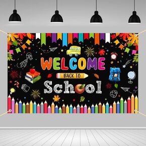 Welcome Back to School Backdrop Black Maple leaf Classroom Photography Background First Day of School Preschool Classroom Party Decorations Banner Photo Booth props 70.8 x 43.3 inch