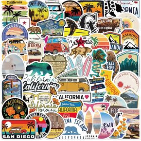 50 Pcs California Aesthetic Stickers, Cool Travel Stickers, Summer Cartoon Waterproof Vinyl Vacation Stickers for Water Bottles, Laptop, Luggage, Journals, Cars, Bumpers Teens Adults