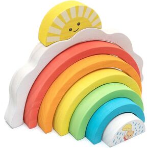 Bimi Boo Wooden Rainbow Stacking Blocks for Toddlers 1-3 - Non-toxic Baby Stacking Toy - Color Shape Matching Sorting Toy - Ideal Gifts for Kids ages 1 year old Girls and Boys - Storage Board Included