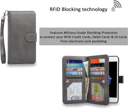 حافظة محفظة Navor مغناطيسية قابلة للفصل [حماية RFID] [10 جيوب للبطاقات] [3 جيوب للنقود] متوافقة مع سلسلة iPhone 7 Plus JOOT-3L - رمادي (IP7P3LGR) in Kuwait