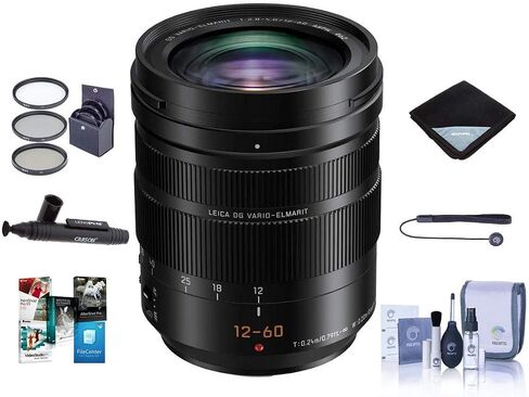 Panasonic LUMIX Professional 12-60mm Camera Lens, Leica DG Vario-ELMARIT, F2.8-4.0 ASPH, Power O.I.S, Mirrorless Micro Four Thirds (H-ES12060) Bundle with Filter Kit, PC Software, Wrap, Cleaning Kit in Saudi Arabia