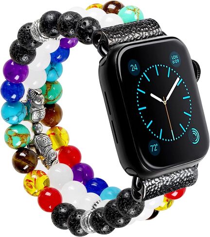 سوار شفاء 7 شقرا لحماية الصخور البركانية، سوار همسة مطرز يدويًا متوافق مع Apple Watch SE 6 5 4 3 2 1 iwatch 38 مم 40 مم 42 مم 44 مم مع محول من الفولاذ المقاوم للصدأ in Kuwait