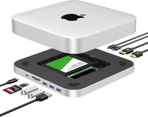 منصة Mac Mini مع حاوية SSD مزدوجة - تناسب محرك الأقراص الصلبة SATA HDD مقاس 2.5 بوصة، NVMe M.2 SSD، محور مع شاشة مزدوجة 4K HDMI ومنفذ DisplayPort، منفذ USB A/C بسرعة 10 جيجابت في الثانية TF/SD لقارئات بطاقات Mac Mini M1 M2، Mac Studio in Kuwait