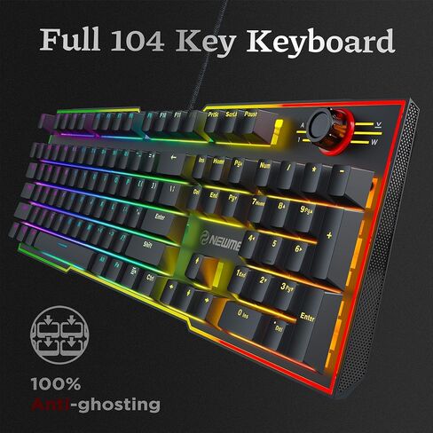 لوحة مفاتيح الألعاب Newmen GM711 كاملة الحجم بإضاءة خلفية RGB ولوحة مفاتيح ميكانيكية قابلة للتبديل السريع مع التحكم في الوسائط المتعددة ولوحة مفاتيح ألعاب الكمبيوتر السلكية ذات 104 مفتاح لنظام التشغيل Windows Mac (مفتاح أحمر) in Kuwait