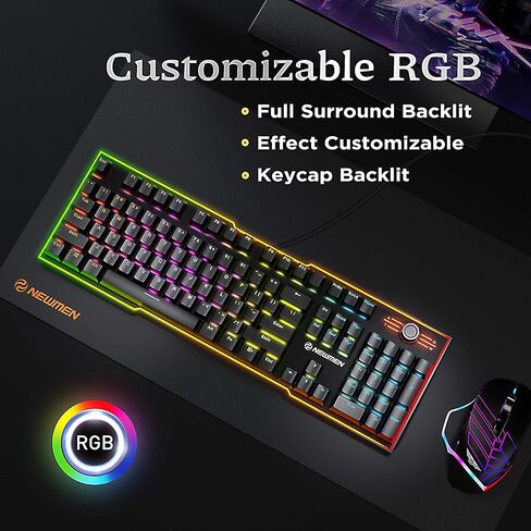 لوحة مفاتيح الألعاب Newmen GM711 كاملة الحجم بإضاءة خلفية RGB ولوحة مفاتيح ميكانيكية قابلة للتبديل السريع مع التحكم في الوسائط المتعددة ولوحة مفاتيح ألعاب الكمبيوتر السلكية ذات 104 مفتاح لنظام التشغيل Windows Mac (مفتاح أحمر) in Kuwait