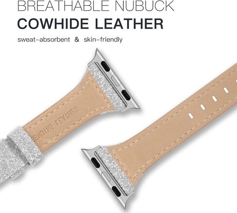 Genuine Leather Band Compatible for Apple Watch 41mm 38mm 40mm, Shiny Glitter Matte Slim Thin Leather Strap Compatible with iWatch Series 9 8 7 6 5 4 3 2 1 SE Sport Edition Women in Kuwait