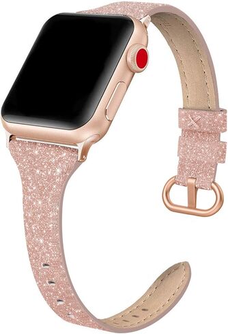 Genuine Leather Band Compatible for Apple Watch 41mm 38mm 40mm, Shiny Glitter Matte Slim Thin Leather Strap Compatible with iWatch Series 9 8 7 6 5 4 3 2 1 SE Sport Edition Women in Kuwait