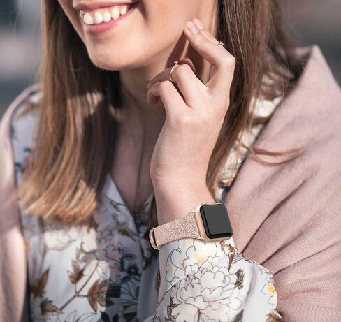 Genuine Leather Band Compatible for Apple Watch 41mm 38mm 40mm, Shiny Glitter Matte Slim Thin Leather Strap Compatible with iWatch Series 9 8 7 6 5 4 3 2 1 SE Sport Edition Women in Kuwait