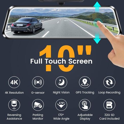 كاميرا أمامية وخلفية GKU M10 4K Dash Cam مع نظام تحديد المواقع WiFi المدمج، وكاميرا مرآة الرؤية الخلفية بشاشة 10 بوصة، وبطاقة SD سعة 32 جيجابايت متضمنة، وكاميرا عكسية مع مستشعر IMX335، ووضع انتظار السيارات على مدار 24 ساعة in Kuwait