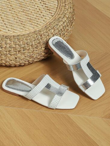 GORGLITTER Women's Metallic H Band Flat Sandals Square Open Toe Slide Sandals in Saudi Arabia