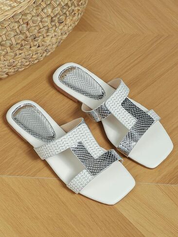 GORGLITTER Women's Metallic H Band Flat Sandals Square Open Toe Slide Sandals in Saudi Arabia
