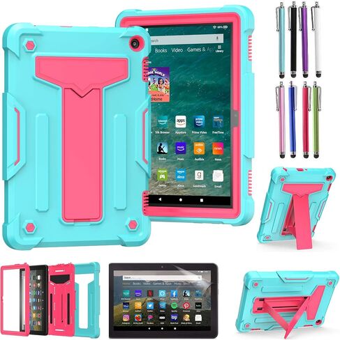 EpicGadget Case for Amazon Fire HD 8 / Fire HD 8 Plus (12th Generation, 2022 Released) - Heavy Duty Hybrid Protective Case Cover with Kickstand + 1 Screen Protector and 1 Stylus (Teal/Pink) in Saudi Arabia