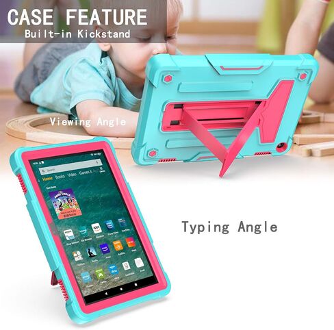 EpicGadget Case for Amazon Fire HD 8 / Fire HD 8 Plus (12th Generation, 2022 Released) - Heavy Duty Hybrid Protective Case Cover with Kickstand + 1 Screen Protector and 1 Stylus (Teal/Pink) in Saudi Arabia