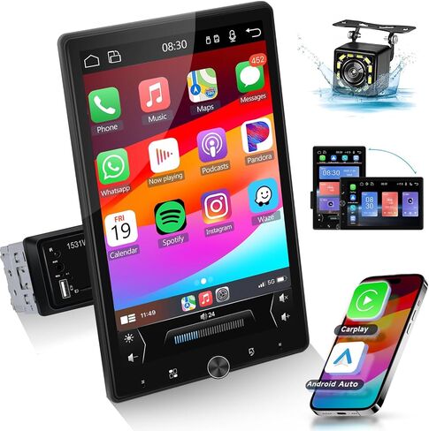 10.4 بوصة ستيريو سيارة أحادي الدين مع راديو Carplay لاسلكي Android رابط مرآة تلقائي، Podofo عمودي قابل للدوران بشاشة تعمل باللمس ستيريو سيارة مع بلوتوث FM EQ SWC USB/TF بطاقة منفذ كاميرا احتياطية in Saudi Arabia