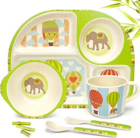 5 Pcs Bamboo Kid Plate and Bowl Set, Unbreakable Plastic Toddler Feeding Set Children Dinnerware Set Include Divided Plate, Bowl, Cup, Spoon, Fork, Durable Cartoon Tableware (Green Elephant) in Saudi Arabia