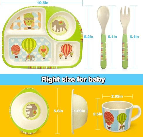 5 Pcs Bamboo Kid Plate and Bowl Set, Unbreakable Plastic Toddler Feeding Set Children Dinnerware Set Include Divided Plate, Bowl, Cup, Spoon, Fork, Durable Cartoon Tableware (Green Elephant) in Saudi Arabia