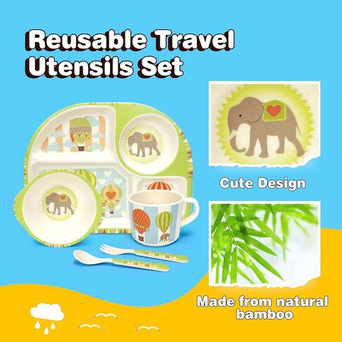 5 Pcs Bamboo Kid Plate and Bowl Set, Unbreakable Plastic Toddler Feeding Set Children Dinnerware Set Include Divided Plate, Bowl, Cup, Spoon, Fork, Durable Cartoon Tableware (Green Elephant) in Saudi Arabia