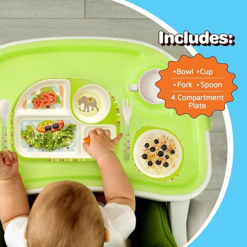 5 Pcs Bamboo Kid Plate and Bowl Set, Unbreakable Plastic Toddler Feeding Set Children Dinnerware Set Include Divided Plate, Bowl, Cup, Spoon, Fork, Durable Cartoon Tableware (Green Elephant) in Saudi Arabia