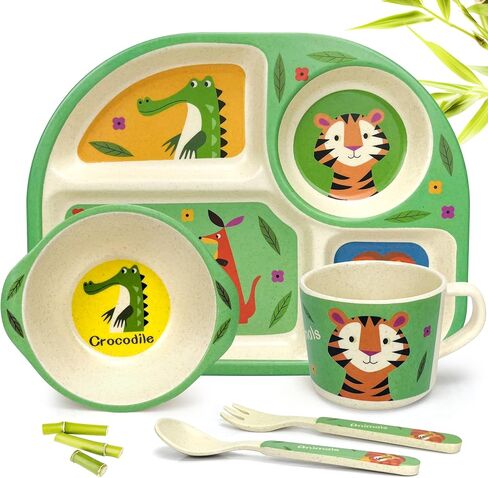 5 Pcs Bamboo Kid Plate and Bowl Set, Unbreakable Plastic Toddler Feeding Set Children Dinnerware Set Include Divided Plate, Bowl, Cup, Spoon, Fork, Durable Cartoon Tableware (Green Elephant) in Saudi Arabia