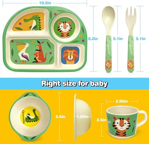5 Pcs Bamboo Kid Plate and Bowl Set, Unbreakable Plastic Toddler Feeding Set Children Dinnerware Set Include Divided Plate, Bowl, Cup, Spoon, Fork, Durable Cartoon Tableware (Green Elephant) in Saudi Arabia