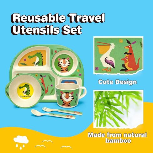 5 Pcs Bamboo Kid Plate and Bowl Set, Unbreakable Plastic Toddler Feeding Set Children Dinnerware Set Include Divided Plate, Bowl, Cup, Spoon, Fork, Durable Cartoon Tableware (Green Elephant) in Saudi Arabia