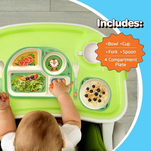 5 Pcs Bamboo Kid Plate and Bowl Set, Unbreakable Plastic Toddler Feeding Set Children Dinnerware Set Include Divided Plate, Bowl, Cup, Spoon, Fork, Durable Cartoon Tableware (Green Elephant) in Saudi Arabia