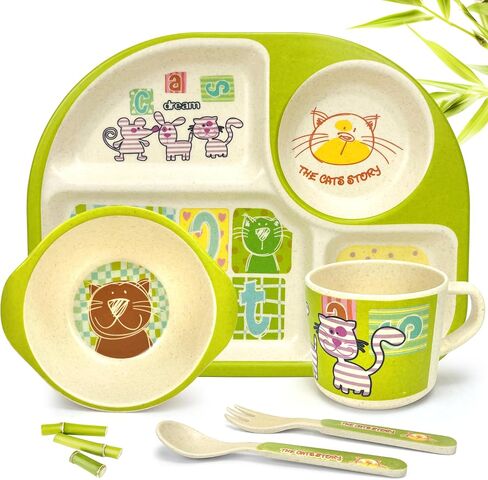 5 Pcs Bamboo Kid Plate and Bowl Set, Unbreakable Plastic Toddler Feeding Set Children Dinnerware Set Include Divided Plate, Bowl, Cup, Spoon, Fork, Durable Cartoon Tableware (Green Elephant) in Saudi Arabia