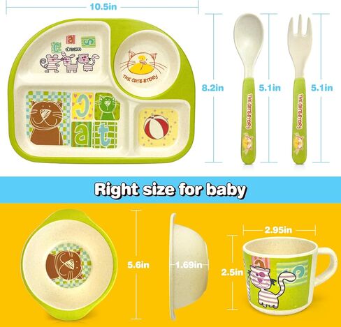 5 Pcs Bamboo Kid Plate and Bowl Set, Unbreakable Plastic Toddler Feeding Set Children Dinnerware Set Include Divided Plate, Bowl, Cup, Spoon, Fork, Durable Cartoon Tableware (Green Elephant) in Saudi Arabia