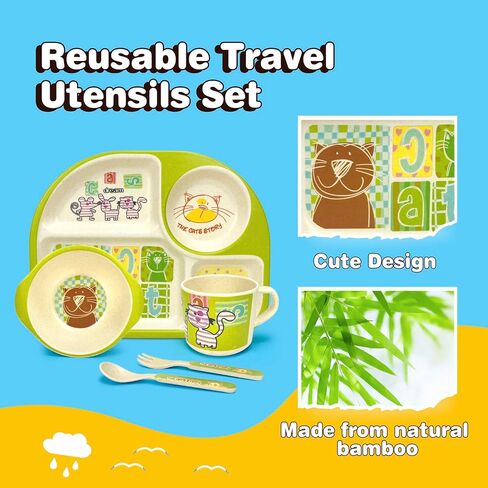 5 Pcs Bamboo Kid Plate and Bowl Set, Unbreakable Plastic Toddler Feeding Set Children Dinnerware Set Include Divided Plate, Bowl, Cup, Spoon, Fork, Durable Cartoon Tableware (Green Elephant) in Saudi Arabia