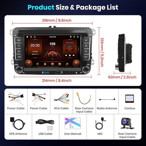 2G+64G for VW Passat Tiguan Golf Jetta T5 EOS Polo Skoda Android Car Radio with Wireless Carplay, 7" Android Auto Touchscreen Supports GPS Navigation,FM/RDS,SWC,Bluetooth Radio Double Din Car Stereo in Saudi Arabia