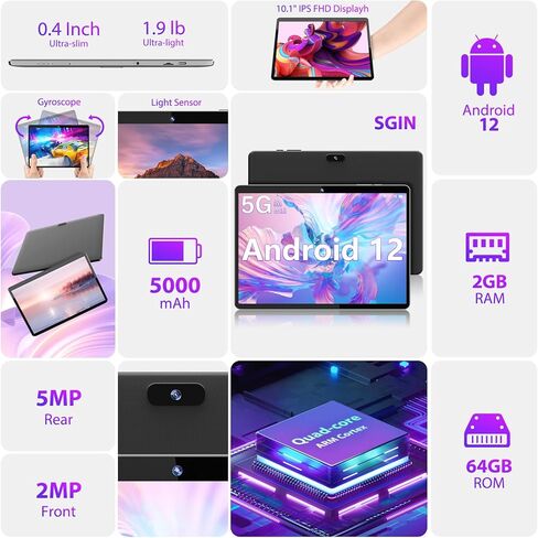تابلت SGIN مقاس 10.1 بوصة، وذاكرة وصول عشوائي 2 جيجا بايت وذاكرة قراءة فقط 64 جيجا بايت، تابلت أندرويد 12 مع معالج رباعي النواة، وشاشة لمس IPS HD، وكاميرا 2+5 ميجابكسل، واي فاي، 5000 مللي أمبير في الساعة، أسود in Kuwait
