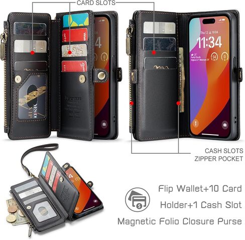 Defencase for iPhone 15 Pro Max Phone Case,【RFID Blocking】 for iPhone 15 Pro Max Wallet Case for Women Men with Card Holder Zipper PU Leather Protective Phone Cover for iPhone 15 Pro Max Case, Black in Kuwait