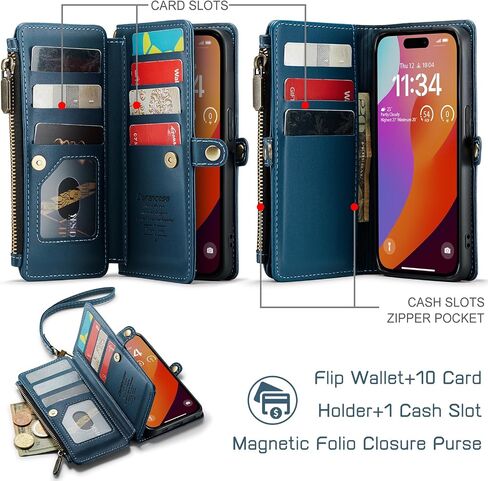 Defencase for iPhone 15 Pro Max Phone Case,【RFID Blocking】 for iPhone 15 Pro Max Wallet Case for Women Men with Card Holder Zipper PU Leather Protective Phone Cover for iPhone 15 Pro Max Case, Black in Kuwait
