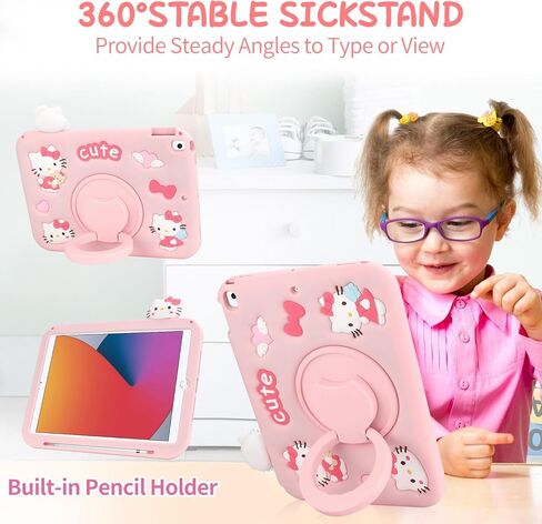 Coolden for iPad 9th 8th 7th Generation Case for Kid Girls iPad 10.2 Case with Screen Protector Kickstand Shoulder Strap Cute Cat Case Cartoon Silicone Protective Case for iPad 9th/8th/7th Gen-Pink in Kuwait